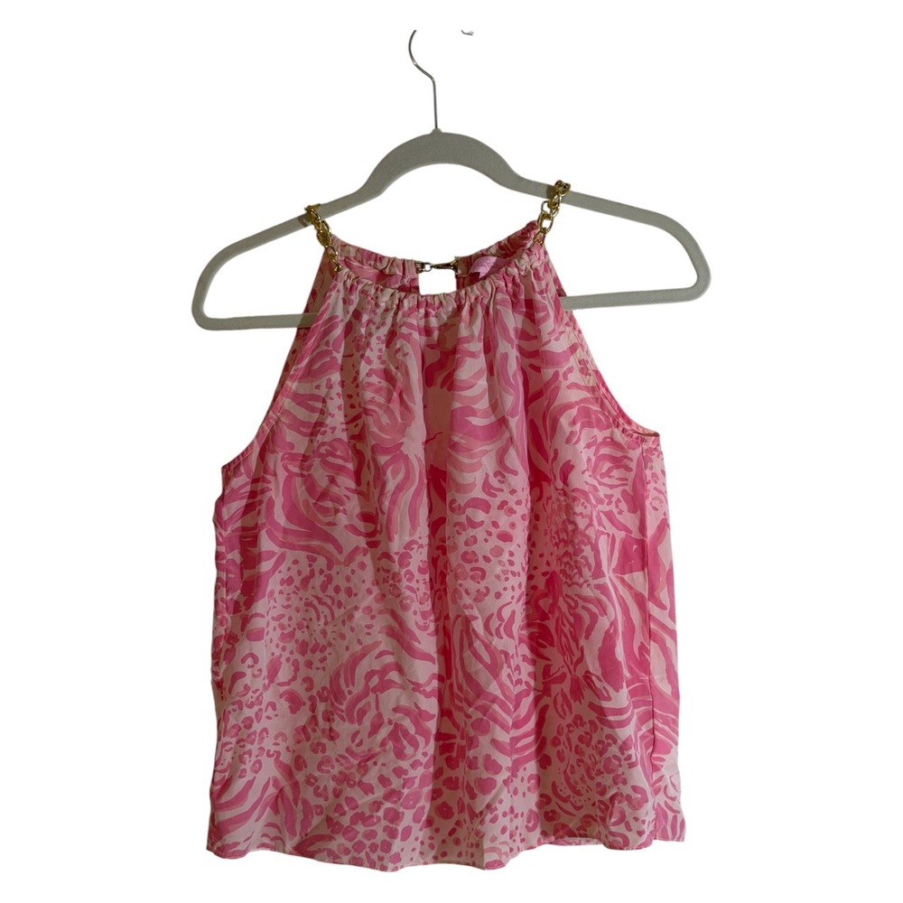 Lilly Pulitzer Silk Halter Top Pink M Womens Animal Print Gold Chain Neck